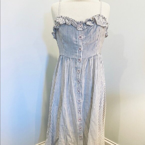 NEW** FRENCH CONNECTION - Button Front Midi Dress - Casual Chic | Stripe Ruffle - Picture 1 of 7